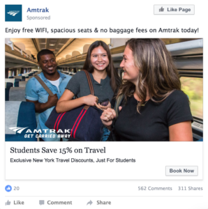 Facebook Ad, 3 teenangers on a train smiling