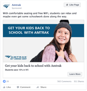Facebook Ad, female teenager smiling holding on to backpack