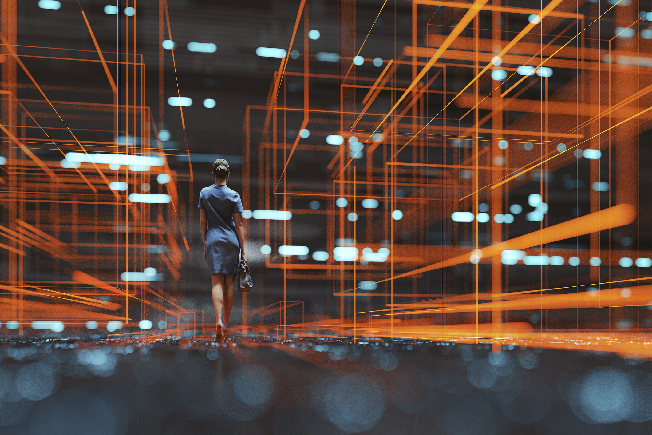 Futuristic city VR wire frame with businesswoman walking Computer Keyboard With Red Cookies Key