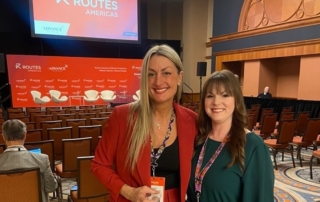 Christina Cole and Kayleigh Tarbet before they join a panel discussion about marketing and creative messaging at Routes Americas 2023 in Chicago, IL.