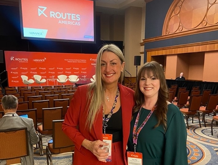 Christina Cole and Kayleigh Tarbet before they join a panel discussion about marketing and creative messaging at Routes Americas 2023 in Chicago, IL.