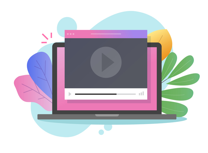 Online video webinar tutorial watching on computer laptop of pc with internet movie on screen vector flat cartoon, illustration of video player window on website modern colorful design image