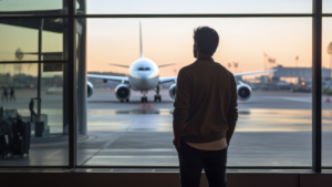 person standing in front of a window at an airport