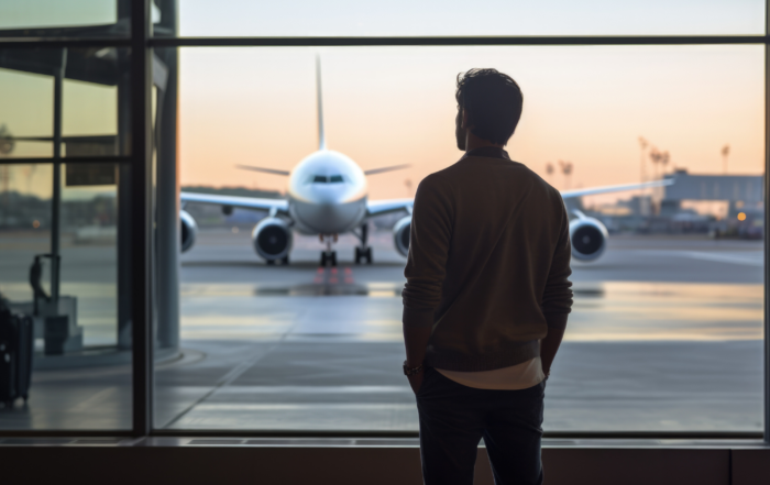 person standing in front of a window at an airport